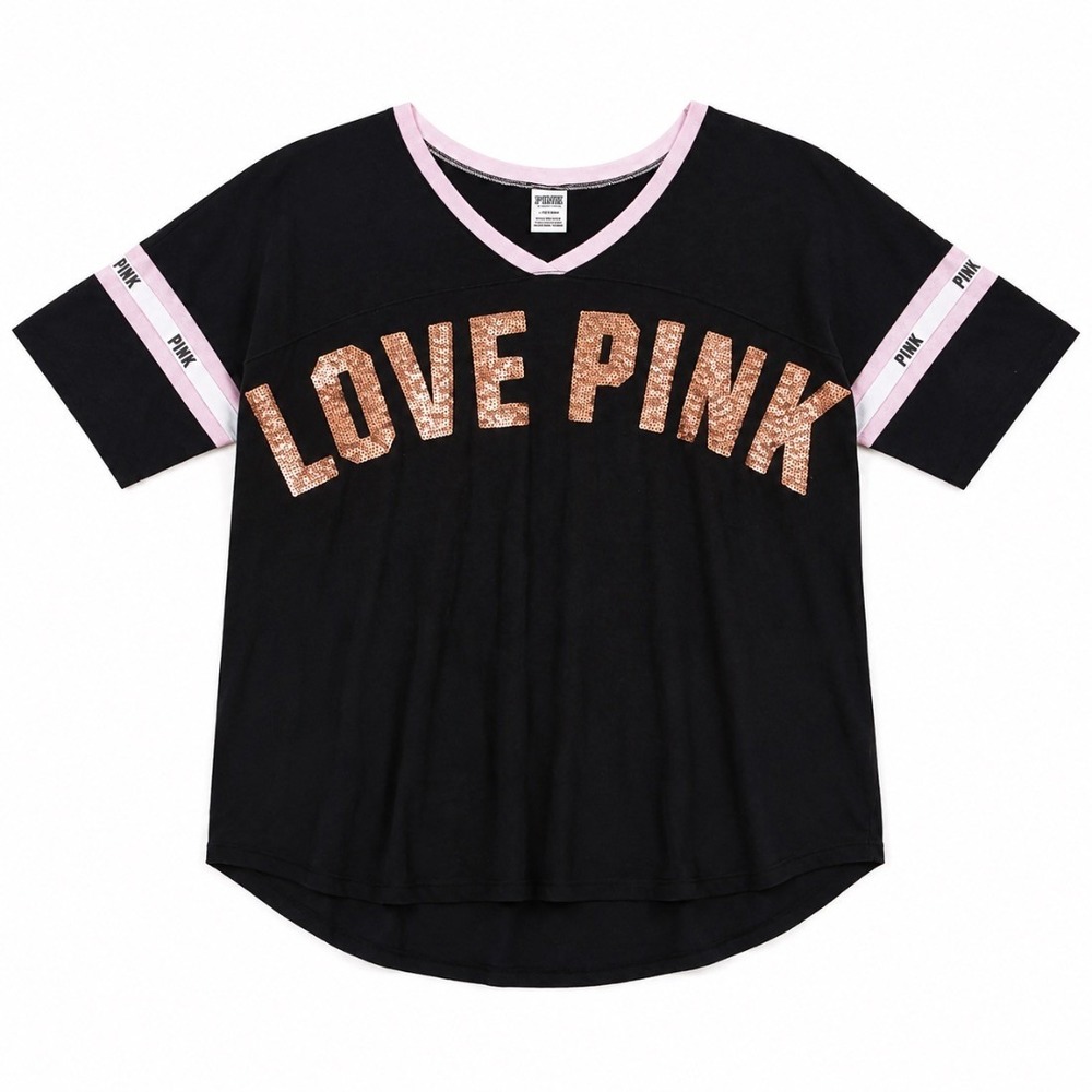 Victoria Secret PINK Womens Black Sequin Logo Jersey Tee Shirt Top Size L